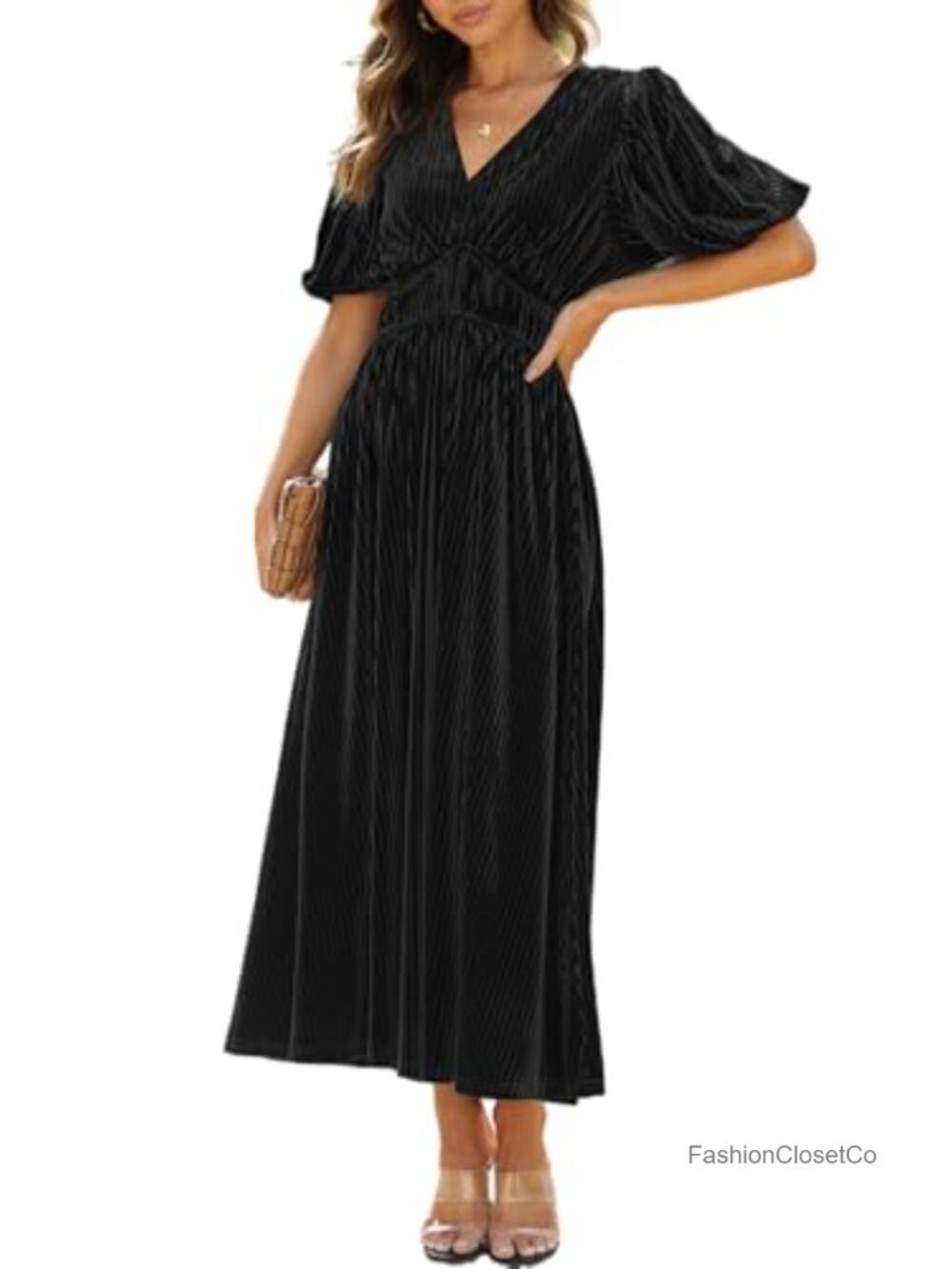 Velvet Maxi Dress V-Neck Long Sleeve Formal Wedding Guest Cocktail Dress